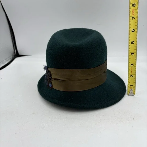 Goorin Bros Fedora Hat Womens Size Medium M 4 Dark Green w Ribbon and Feather - Picture 5 of 8